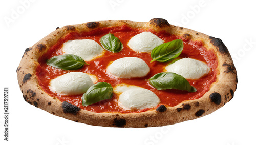Bild auf Leinwand Neapolitan pizza with fresh mozzarella tomato sauce and basil leaves, isolated o