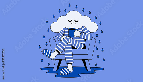 Sad Rain Cloud Character Sitting on a Couch – Mental Health Flat Vector Illustration