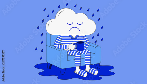 Sad Rain Cloud Character Sitting on a Couch – Mental Health Flat Vector Illustration
