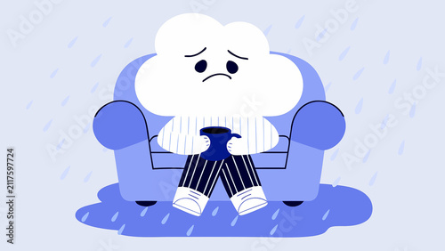Sad Rain Cloud Character Sitting on a Couch – Mental Health Flat Vector Illustration