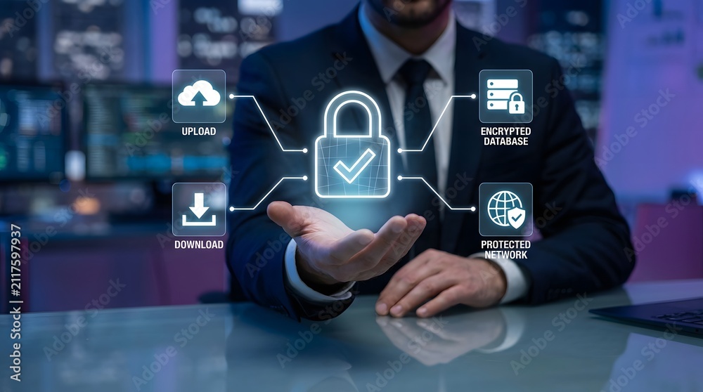 Obraz premium Professional executive demonstrating encrypted database and protected network security using holographic interface for safe cloud data management in modern technology office.