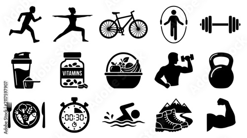 Foto Fitness and Healthy Lifestyle Icon Set Featuring Running, Yoga, Cycling, Vitamin