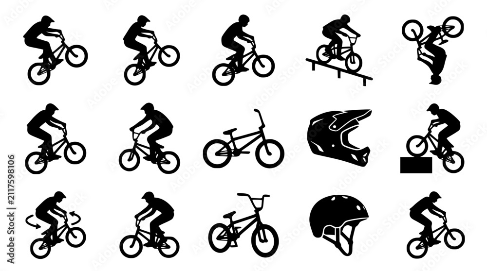 Naklejka premium BMX Bike Rider Silhouette Icon Set Featuring Extreme Sports Stunts, Bicycle Tricks, Safety Helmets, and Action Graphics for Web and Print Designs