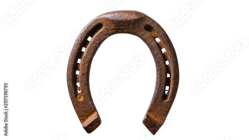Quadro su tela Rusty metal horseshoe with square nail holes, isolated on transparent background