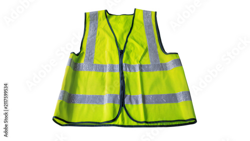 Fotografie High-visibility neon yellow safety vest with reflective stripes, isolated on tra