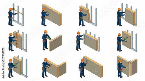 Foto Construction workers assembling drywall panels in various poses.