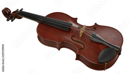 Brown wooden violin with black strings and tuning pegs, isolated on transparent background
