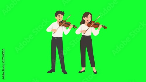 Animated man and woman playing violin gracefully. Concept of classical music, orchestra, violinist, art, and performance. Green screen.