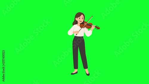 Animated woman playing violin gracefully. Concept of classical music, orchestra, violinist, art, and performance. Green screen.