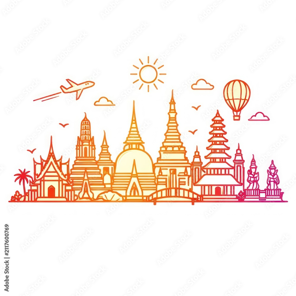 Obraz premium Colorful line art of famous Asian landmarks with a plane and hot air balloon.