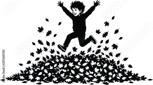 Black silhouette illustration of a happy little boy jumping playfully into a big pile of autumn leaves.