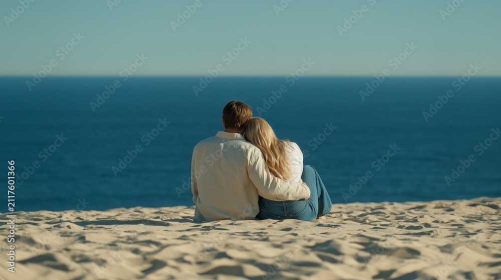 Fototapeta premium Back view of young romantic couple embracing sitting close together on sand dune beach looking at ocean, sea horizon with blue sky in nature during vacation