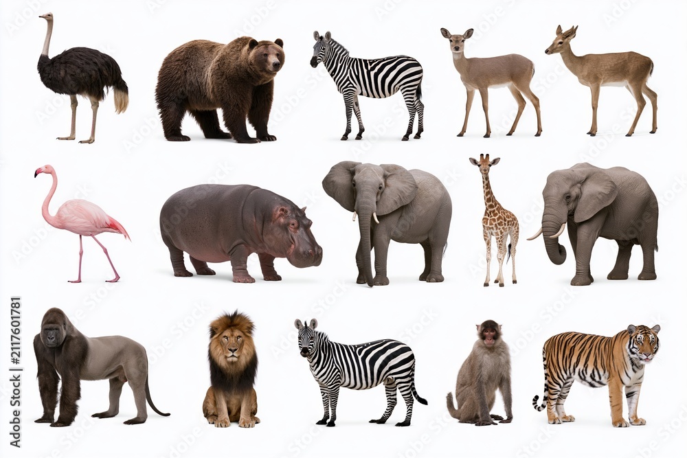 Obraz premium The Diverse Wildlife Gallery of Land Animals Arranged in a Studio Setting