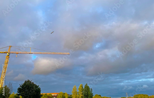 The modern city of Almere in a bright blue cloudy sky, at sunset  Almere, Flevoland, the Netherlands, July, 2026