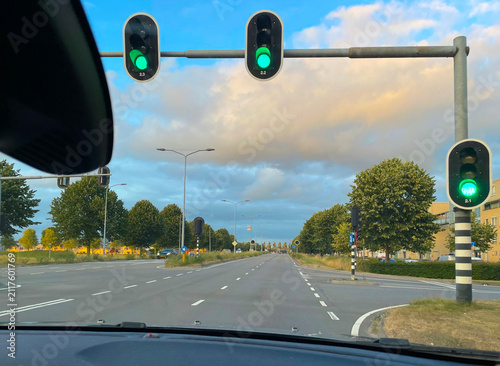 The modern city of Almere in a bright blue cloudy sky, at sunset  Almere, Flevoland, the Netherlands, July, 2026