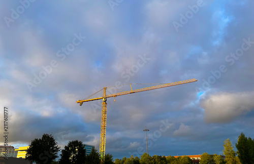 The modern city of Almere in a bright blue cloudy sky, at sunset  Almere, Flevoland, the Netherlands, July, 2026