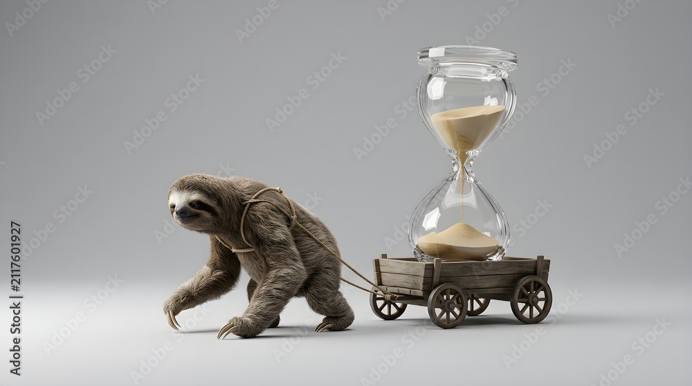 Fototapeta premium Persistent Sloth Pulling a Giant Hourglass on a Wooden Cart