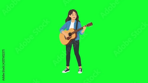 Animated beautiful young woman playing acoustic guitar happily on green screen. Concept of music, female musician, hobby, and entertainment