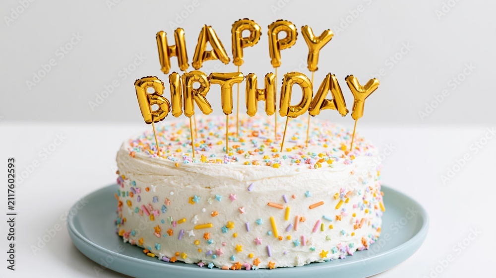 Obraz premium The Birthday Cake Displayed with Gold Happy Birthday Balloons and Sprinkles