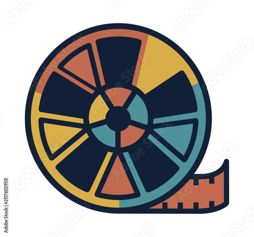 Retro film reel icon with colorful segments and strip of film