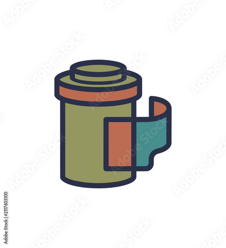 Vintage film canister with label and strip graphic illustration