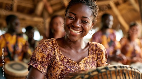 Smiling black woman in traditional patterned dress playing drum with village group