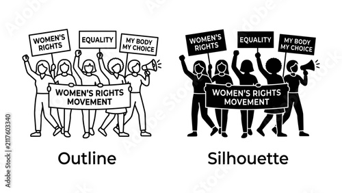 Women's Rights Demonstration: A powerful illustration depicts a group of determined individuals marching for women's rights, holding signs advocating for equality and bodily autonomy.