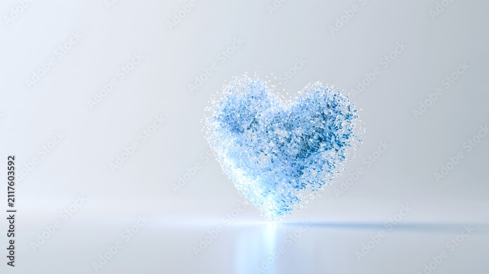 Fototapeta premium Minimalist abstract heart made of glowing blue particles with copy space