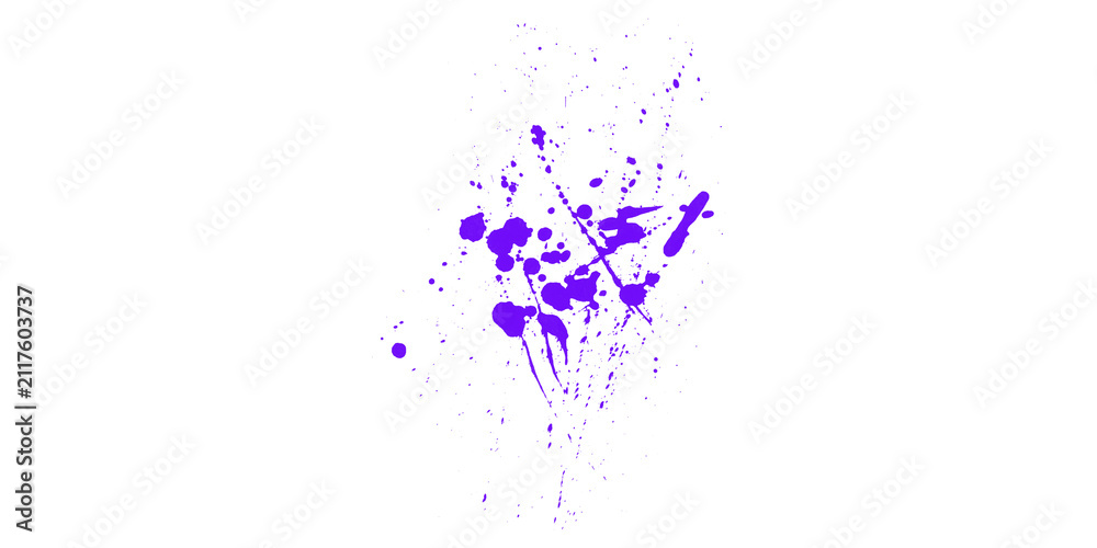 Fototapeta premium Purple Ink Splatter Splash Texture on White Background, Paint Drip Overlay for Grunge Design