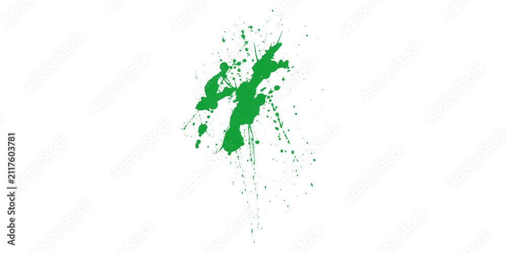 Obraz premium Green Ink Splatter Splash Texture on White Background, Paint Drip Overlay for Grunge Design