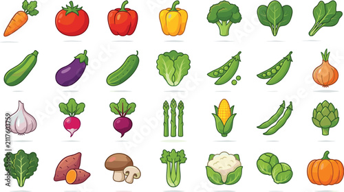 Fresh Vegetable Icon Collection Isolated on White Background Food Vector Set