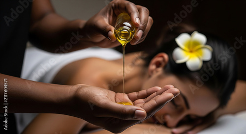 Therapist pouring essential oil on woman back perfect for relaxing spa massage therapy wellness treatment and body healing concept