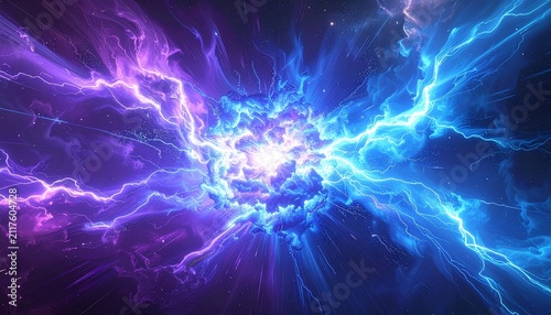 宇宙空間で中央のエネルギーコアから左右に広がる青と紫の稲妻とネビュラ、SF調背景素材