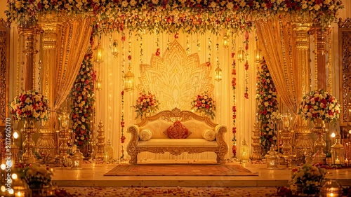 Grand Luxury Wedding Stage Decoration with Floral Arrangements and Golden Warm Lighting | Indian Pakistani Bride Groom Stage Setup Background Stock Video