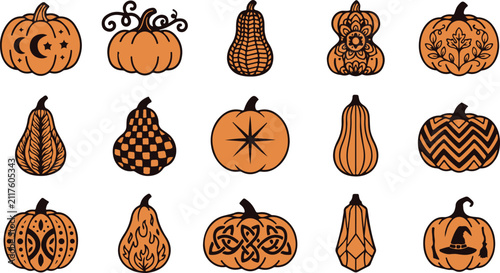 Pumpkin Collection Orange Vector Illustrations With Decorative Patterns