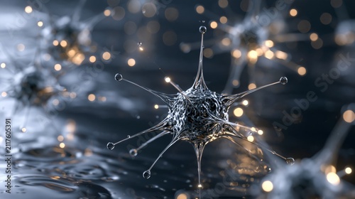 Futuristic nanorobots assembling advanced self repairing materials in a microscopic environment with metallic liquid textures, illustrating innovative material science technology.