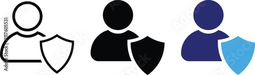 User protection icon set. Person profile with shield symbol. privacy, insurance and account security. Vector design in outline, solid, black, and blue styles. Data safety concept sign