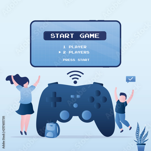 Cuadro en lienzo Excited kids jump with joy near huge gamepad wireless connected to  screen displaying start new game menu