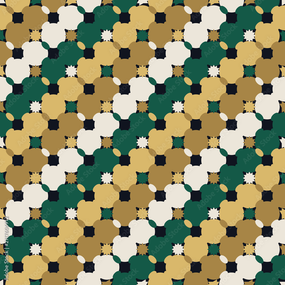 Fototapeta premium Luxury Seamless Geometric Curved Starburst Tessellation Pattern in Gold and Emerald