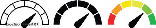 Speedometer gauge icon set. Tachometer indicator symbol. credit score, performance rating, and risk level. Speed control sign. Vector design in outline, solid black, and colorful gauge styles