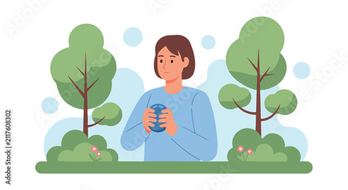 Cuadro en lienzo A young woman in a blue shirt stands in a lush green park, calmly holding a blue ball in her hands amidst stylized trees and bushes