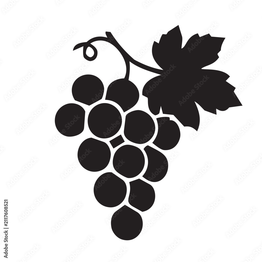 Obraz premium Black grape cluster with leaf silhouette isolated on white background as classic vineyard fruit illustration