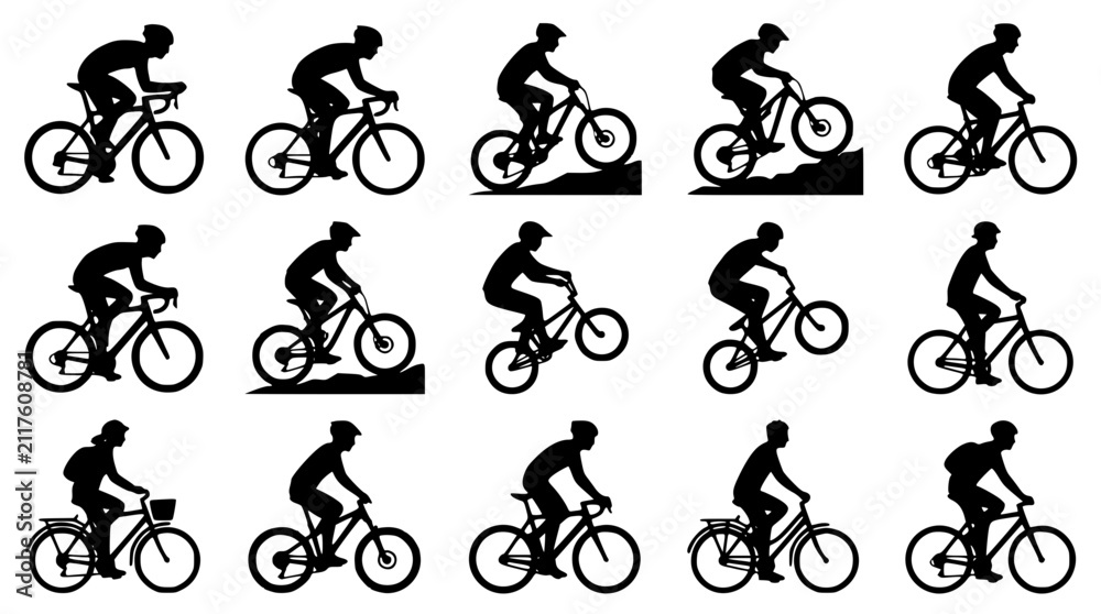 Fototapeta premium Cycling and bicycle rider silhouette icon set featuring mountain biking road racing urban commuting extreme stunts uphill trails and cyclist activity vectors