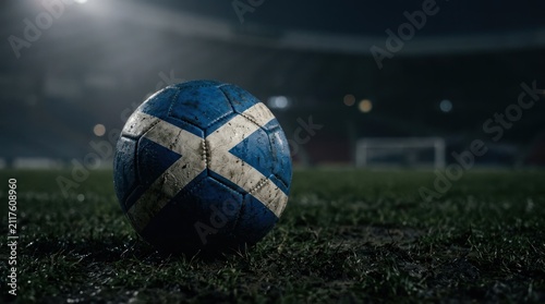 Closeup of a Scottish Flag Soccer Ball on a Dark Football Field.