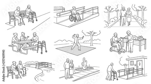 Active Aging Elderly Senior Citizen Walker Mobility People Architecture Entourage