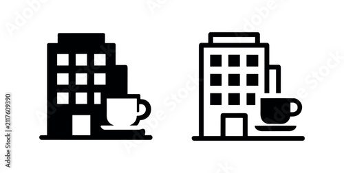 Bild auf Leinwand Office Building with Coffee Cup Icons Set for Workplace Amenities and Cafe Conce