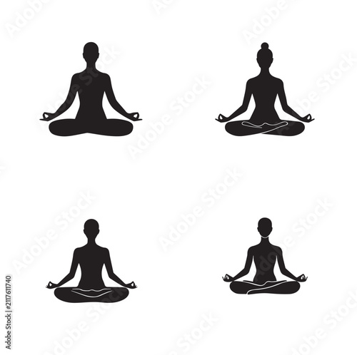 Meditation Yoga Pose Silhouette Icons Set – Lotus Position Wellness Collection