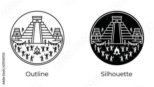 Ancient Ritual Celebration: Two stylized depictions, an outline and a silhouette, showcase a vibrant ancient ceremony with people dancing around a fire at the base of a pyramid structure.