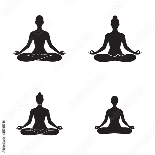 Meditation Yoga Pose Silhouette Icons Set – Lotus Position Wellness Collection