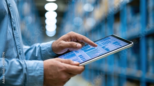Worker hands interacting with a tablet displaying digital inventory charts in a blue-toned warehouse environment